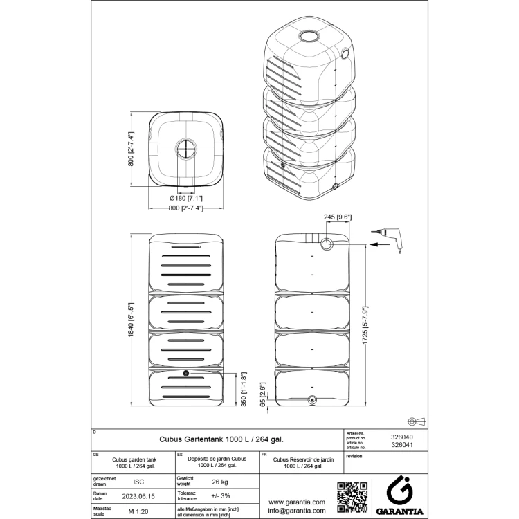Zbiornik na deszczówkę Cubus 1000 l betonowoszary