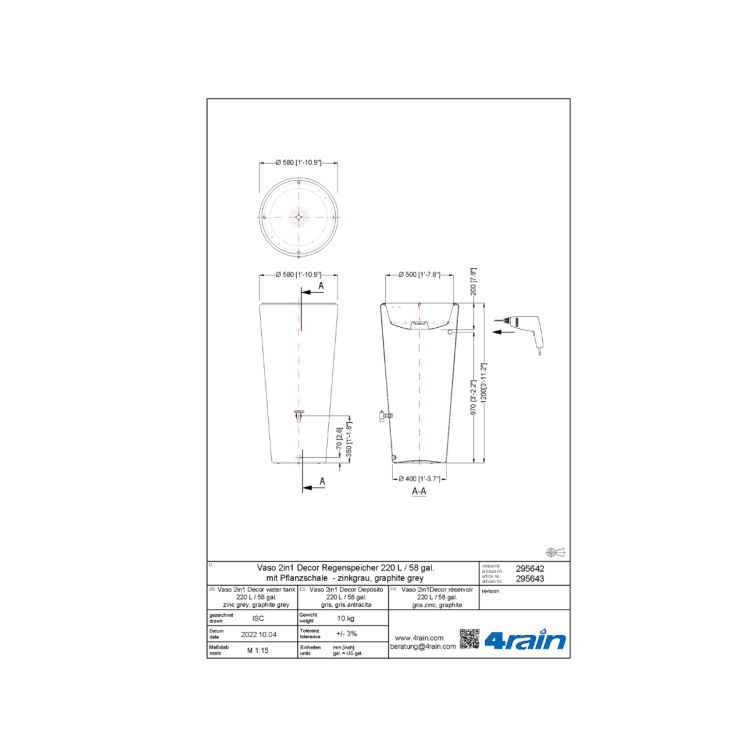 Zbiornik na deszczówkę Vaso 2w1 Decor 220L cynkowoszary
