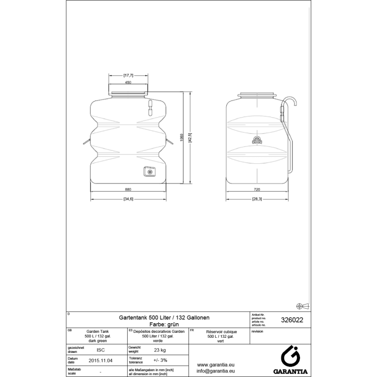 Zbiornik na deszczówkę Garden 500 l OUTLET