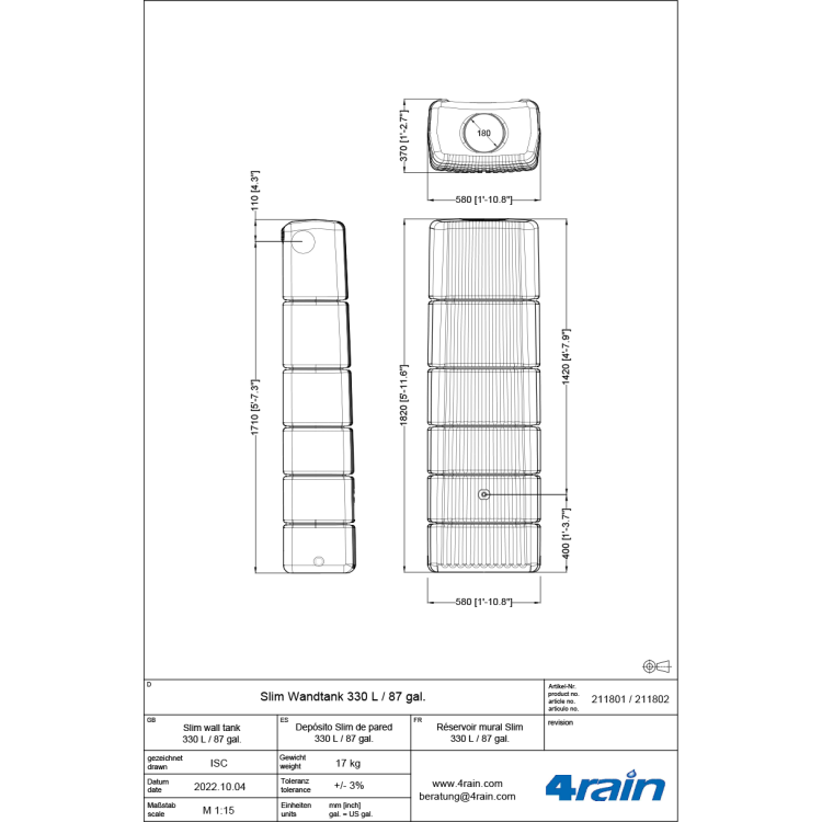 Zbiornik na deszczówkę Slim 330 OUTLET