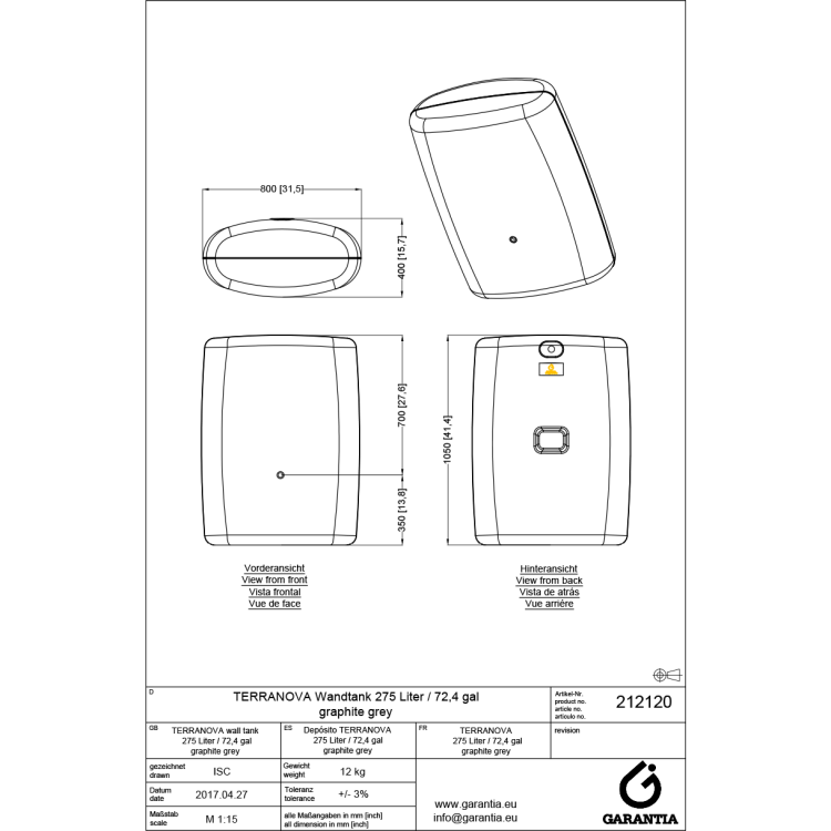 Zbiornik na deszczówkę Terranova 275 l przyścienny