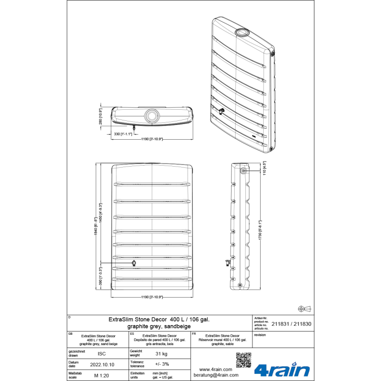 Zbiornik na deszczówkę Extra Slim Stone Decor 400 l przyścienny