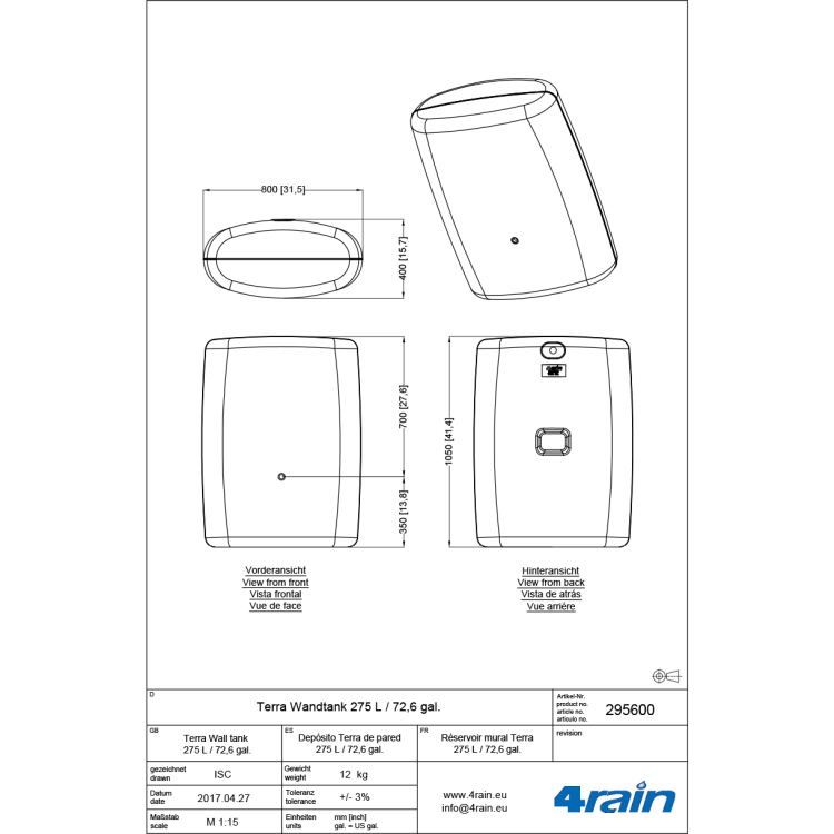 Zbiornik na deszczówkę Terra 275 l przyścienny