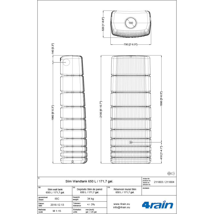 Zbiornik na deszczówkę Slim 650 l