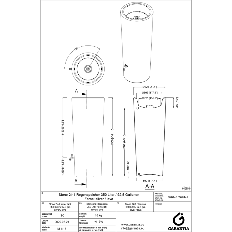 Zbiornik na deszczówkę Stone 2w1 – silver 350 l